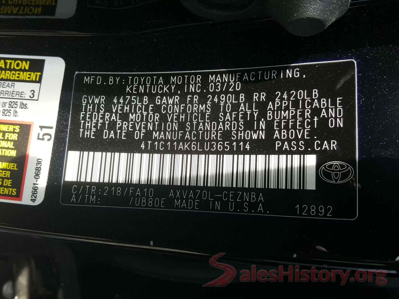 4T1C11AK6LU365114 2020 TOYOTA CAMRY