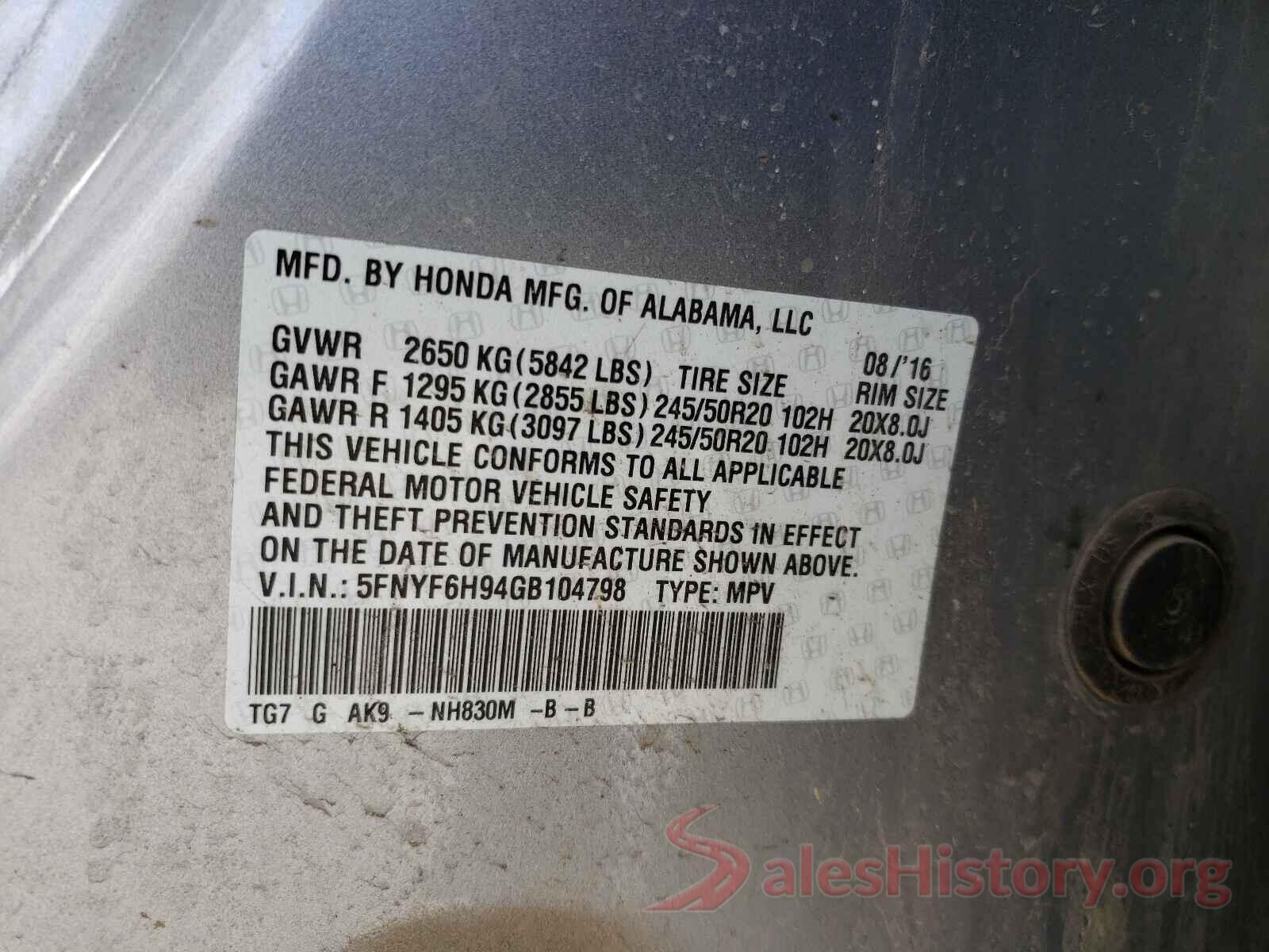 5FNYF6H94GB104798 2016 HONDA PILOT