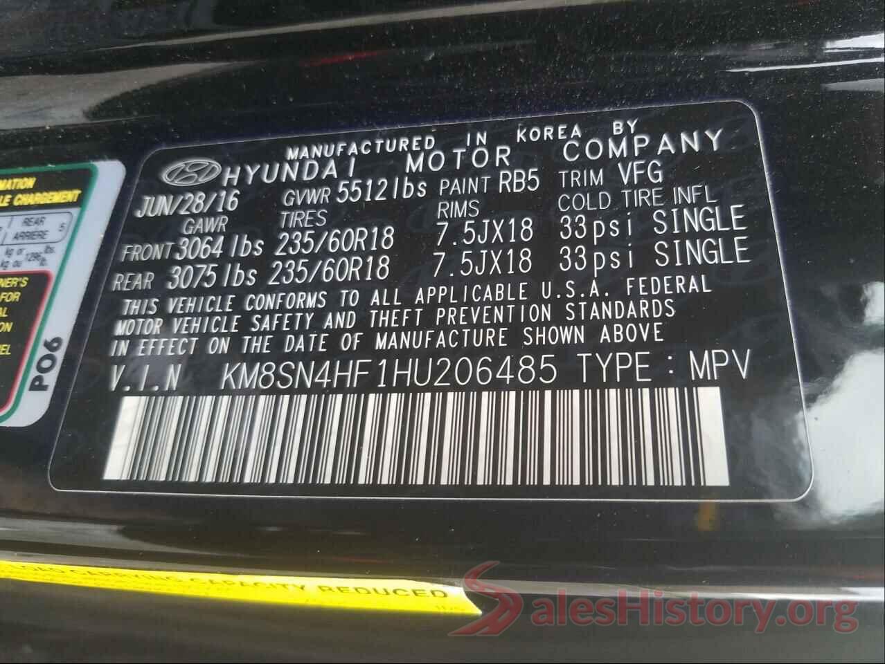 KM8SN4HF1HU206485 2017 HYUNDAI SANTA FE