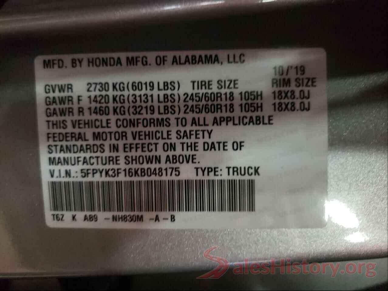 5FPYK3F16KB048175 2019 HONDA RIDGELINE