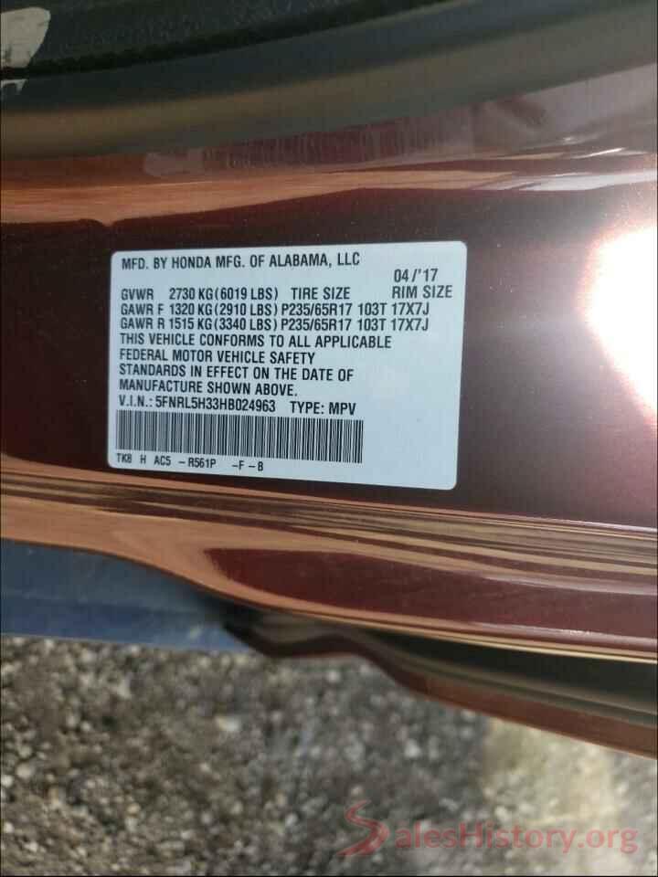 5FNRL5H33HB024963 2017 HONDA ODYSSEY