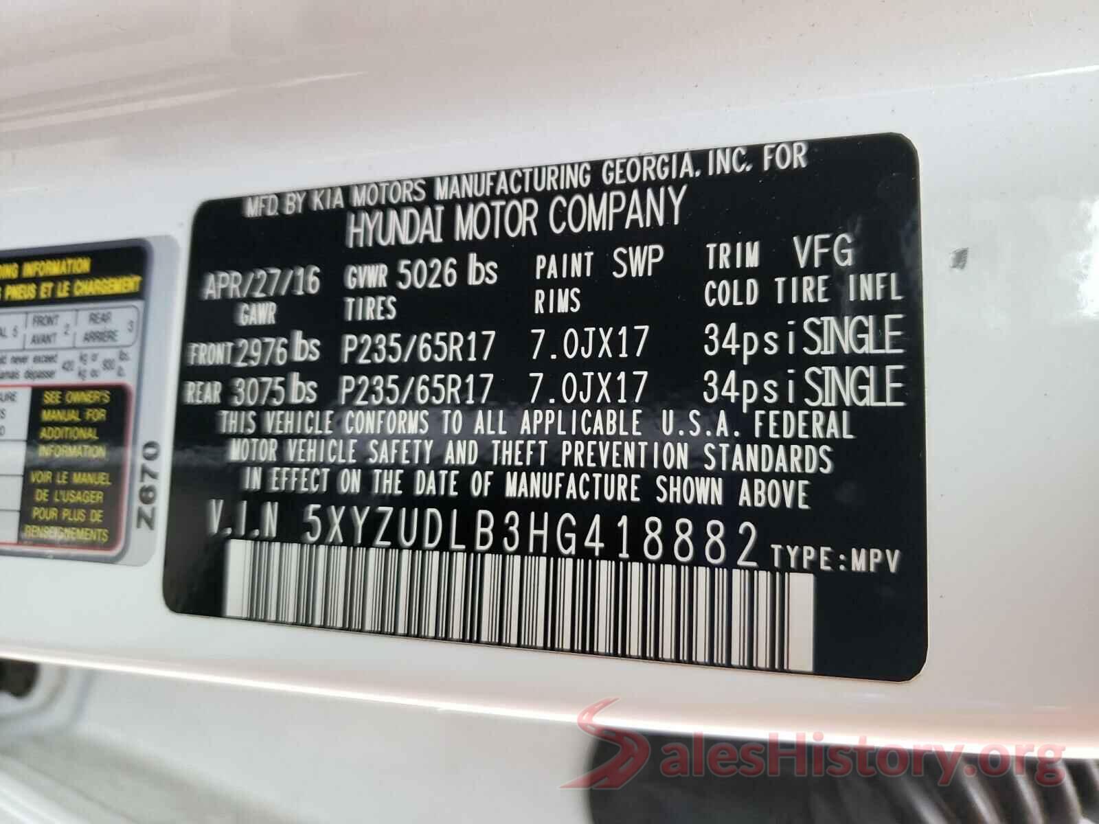 5XYZUDLB3HG418882 2017 HYUNDAI SANTA FE