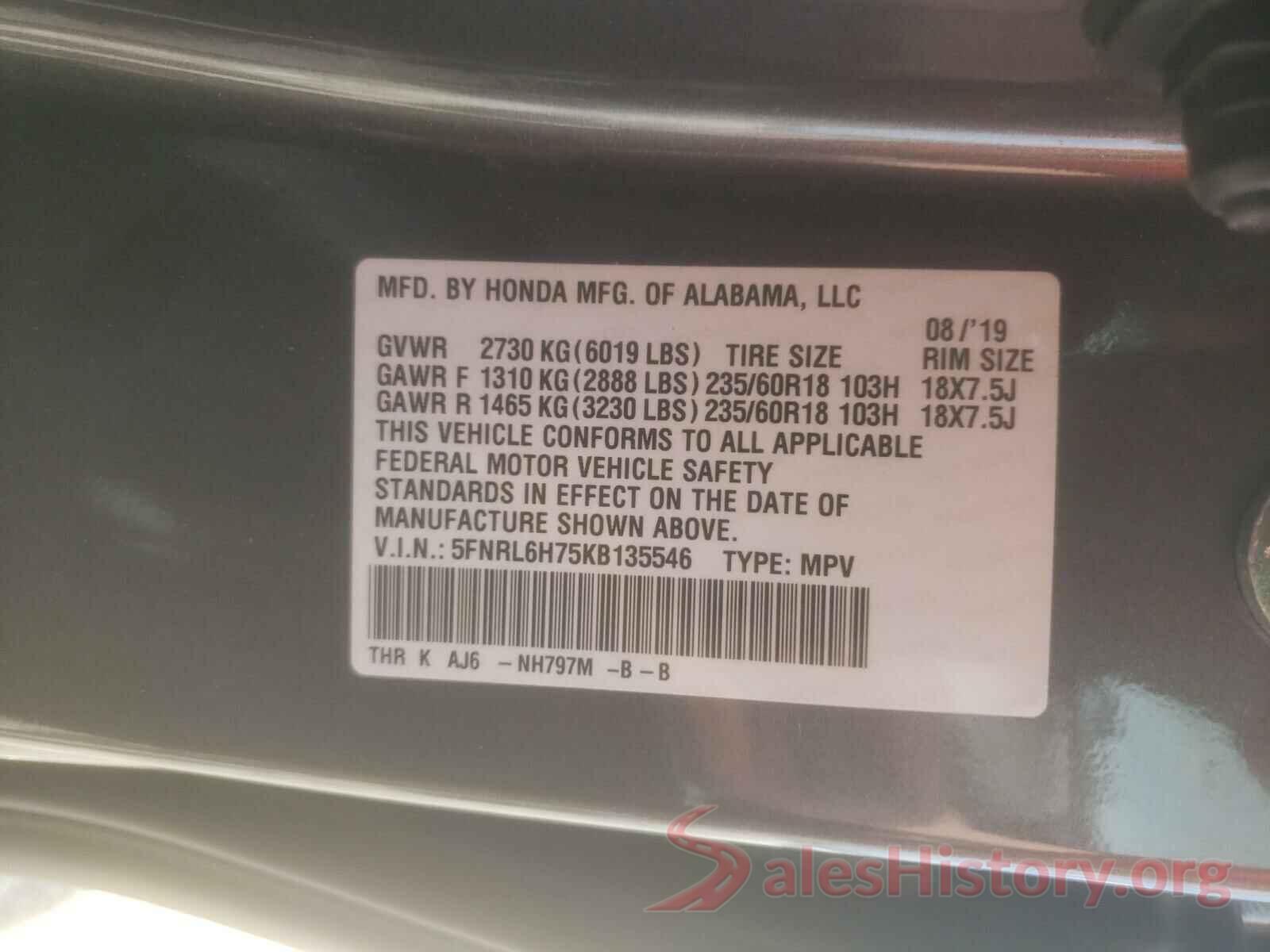 5FNRL6H75KB135546 2019 HONDA ODYSSEY