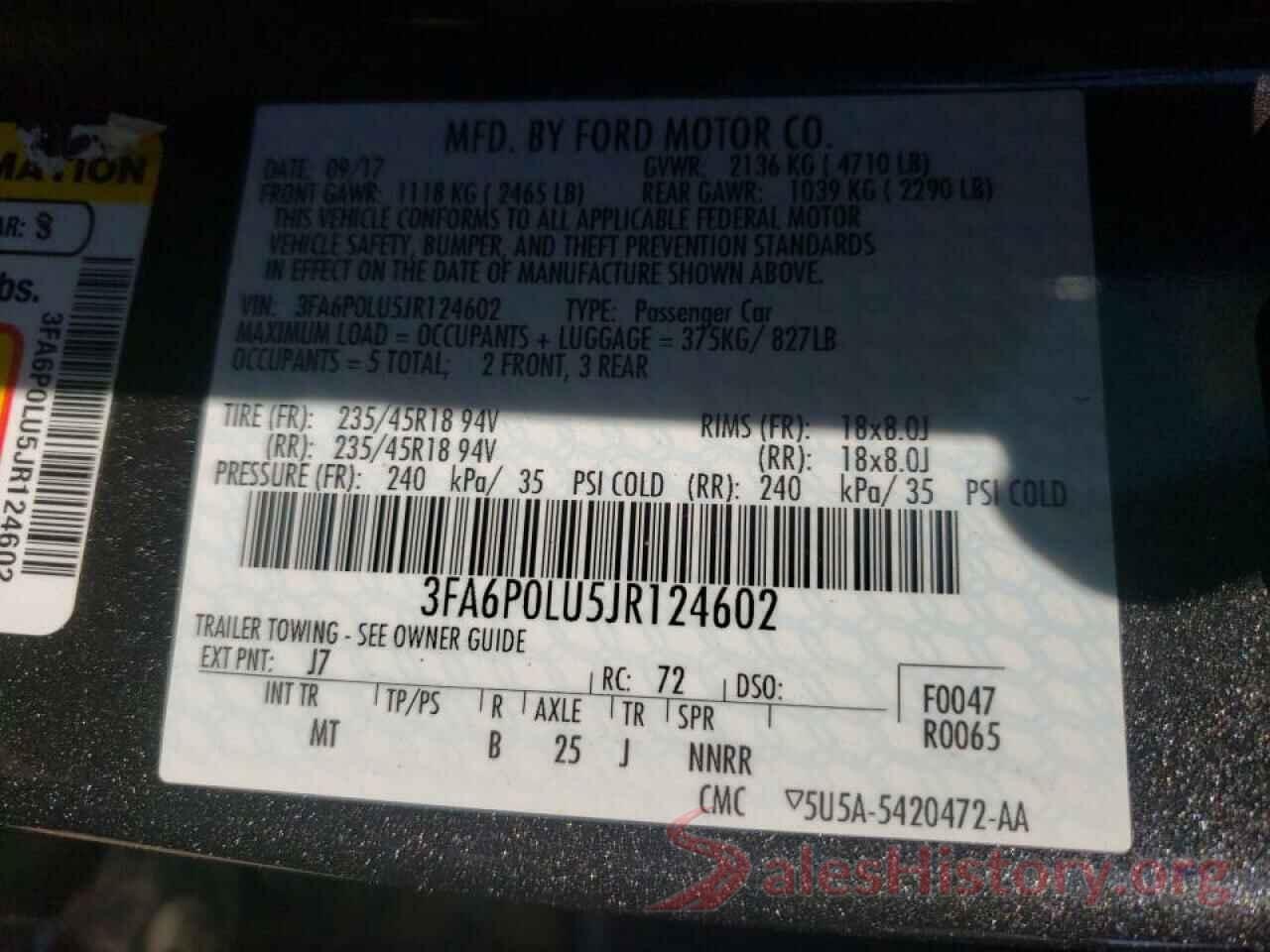 3FA6P0LU5JR124602 2018 FORD FUSION