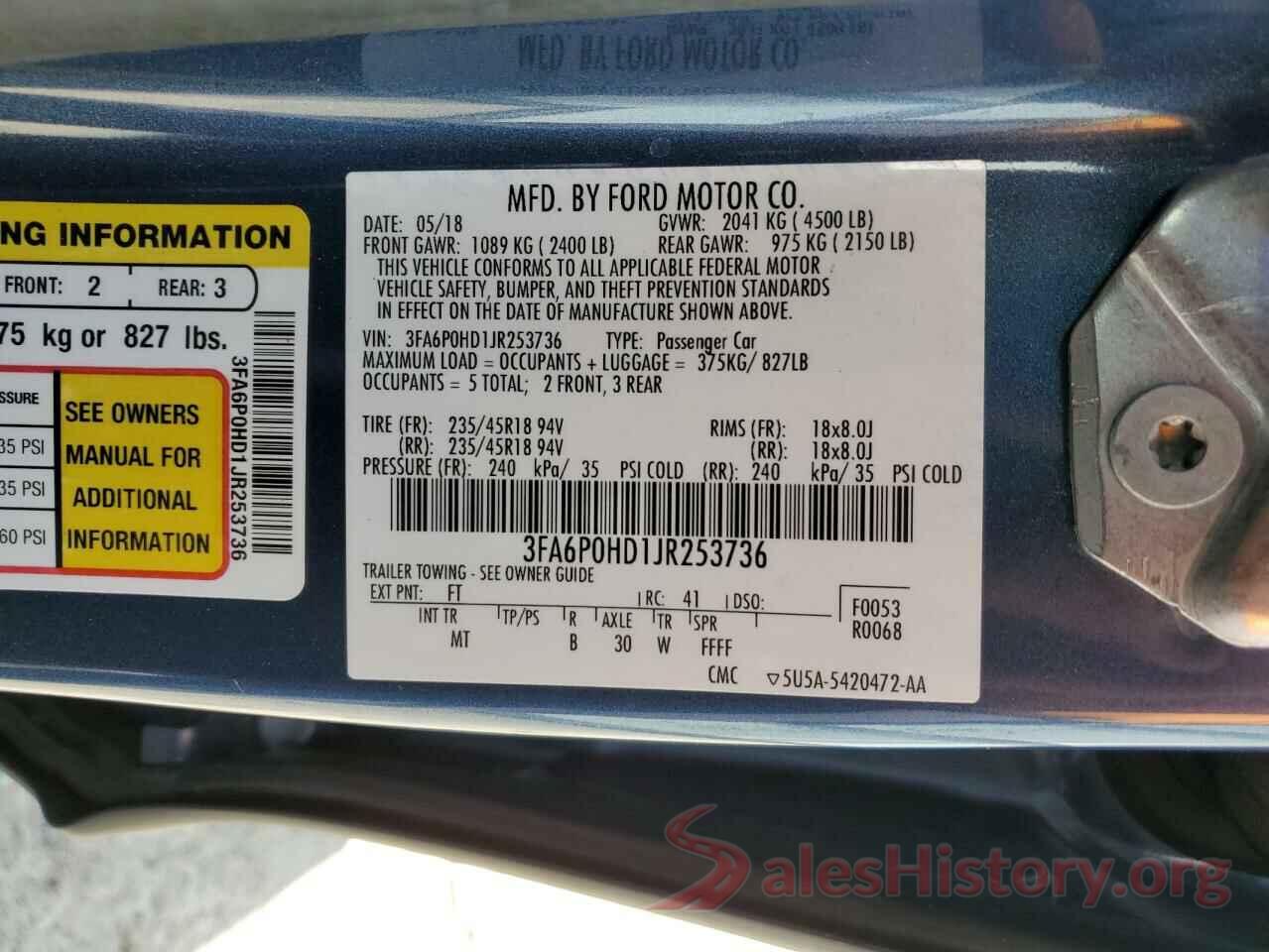 3FA6P0HD1JR253736 2018 FORD FUSION