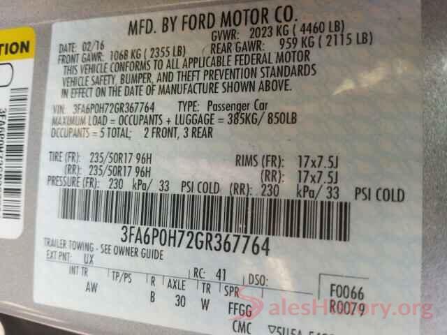 3FA6P0H72GR367764 2016 FORD FUSION