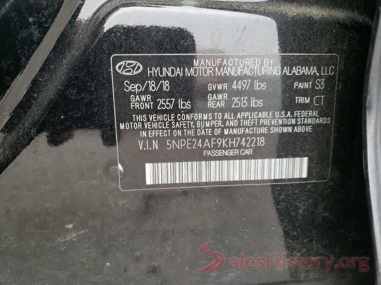 5NPE24AF9KH742218 2019 HYUNDAI SONATA