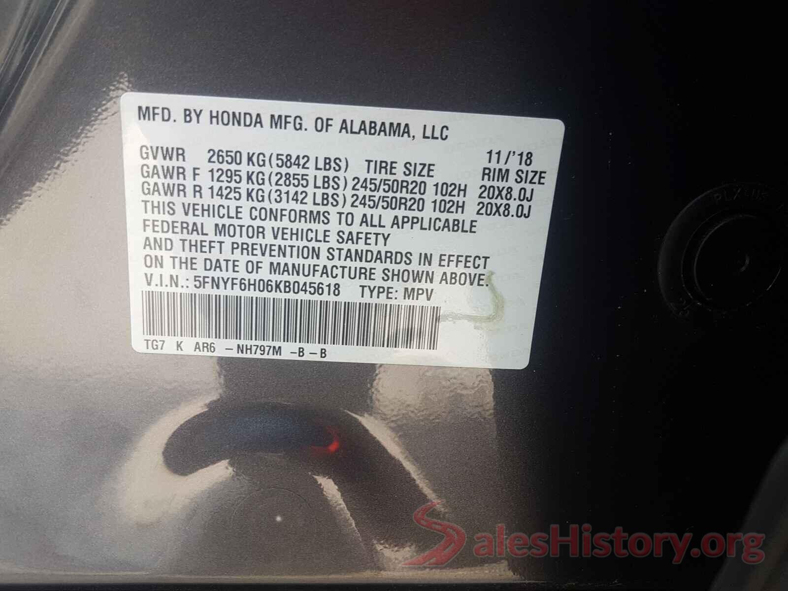 5FNYF6H06KB045618 2019 HONDA PILOT