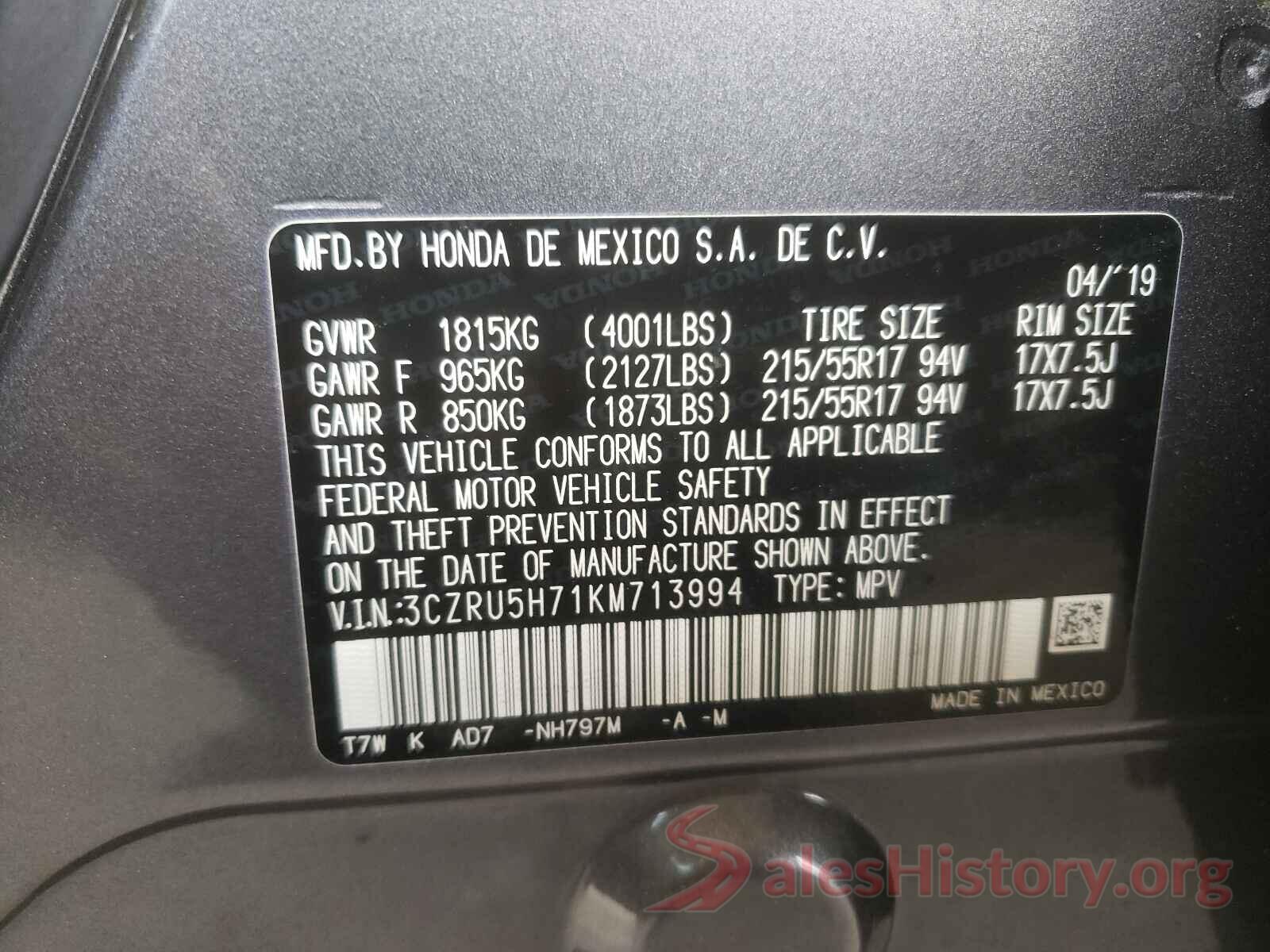 3CZRU5H71KM713994 2019 HONDA HR-V