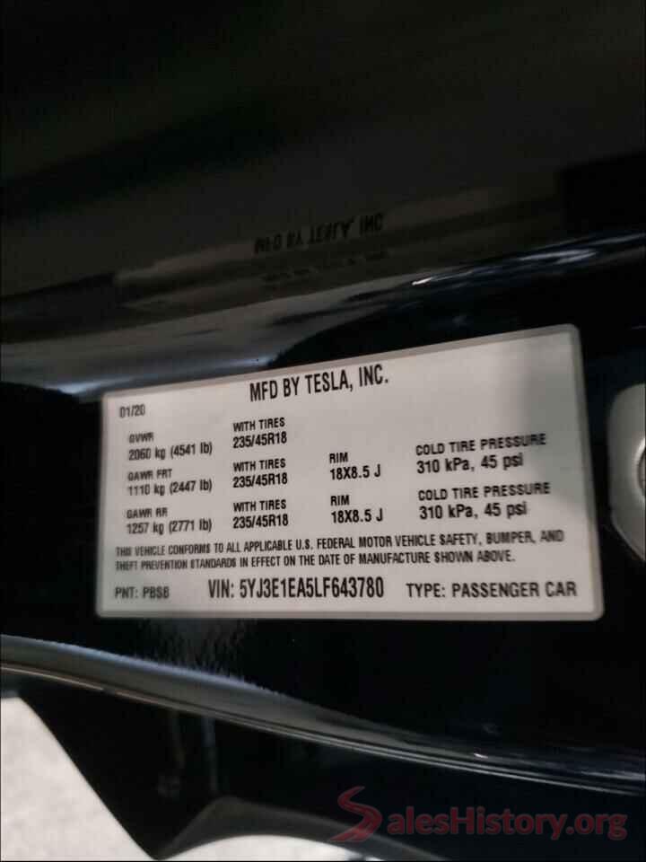 5YJ3E1EA5LF643780 2020 TESLA MODEL 3