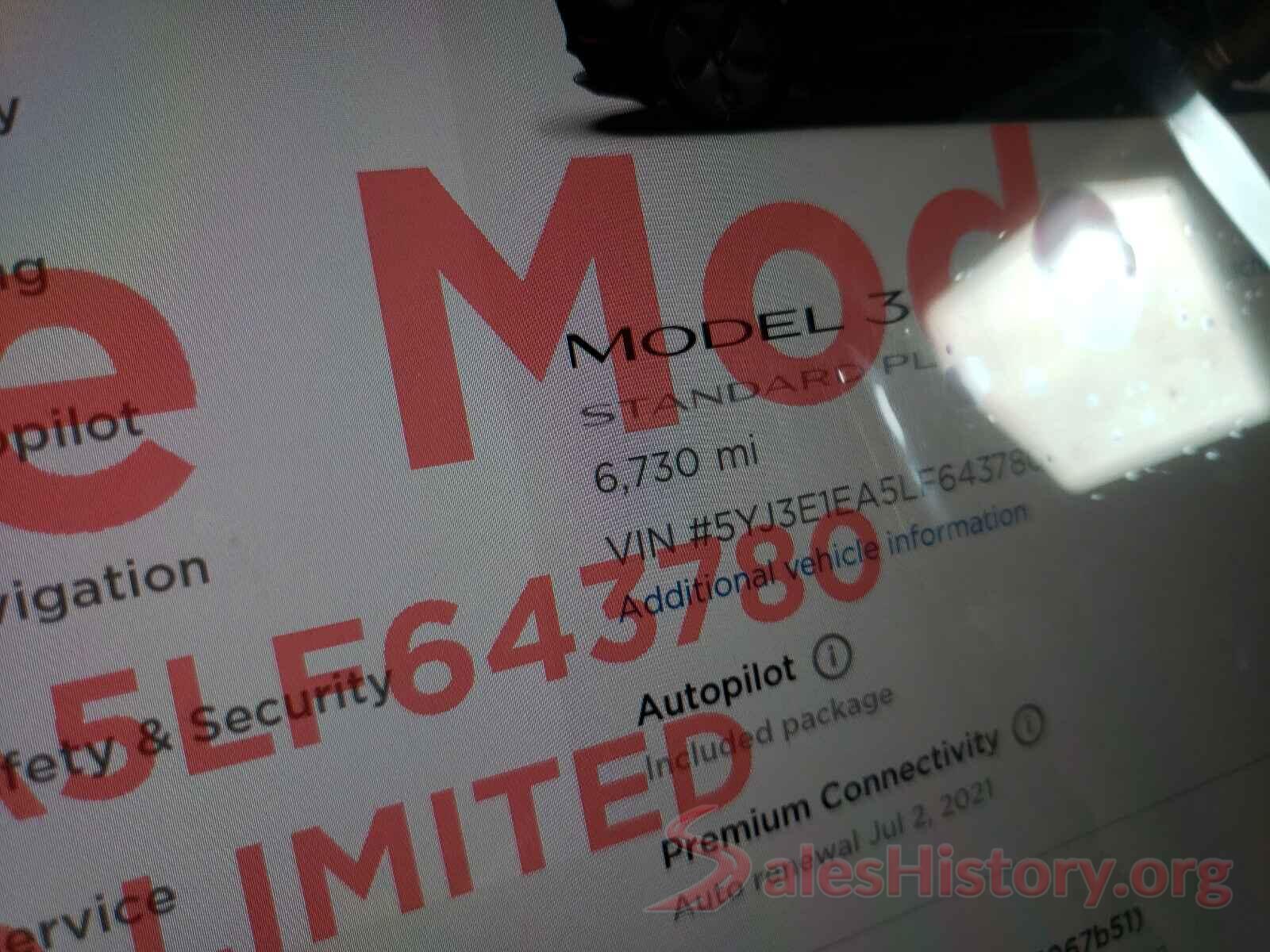 5YJ3E1EA5LF643780 2020 TESLA MODEL 3