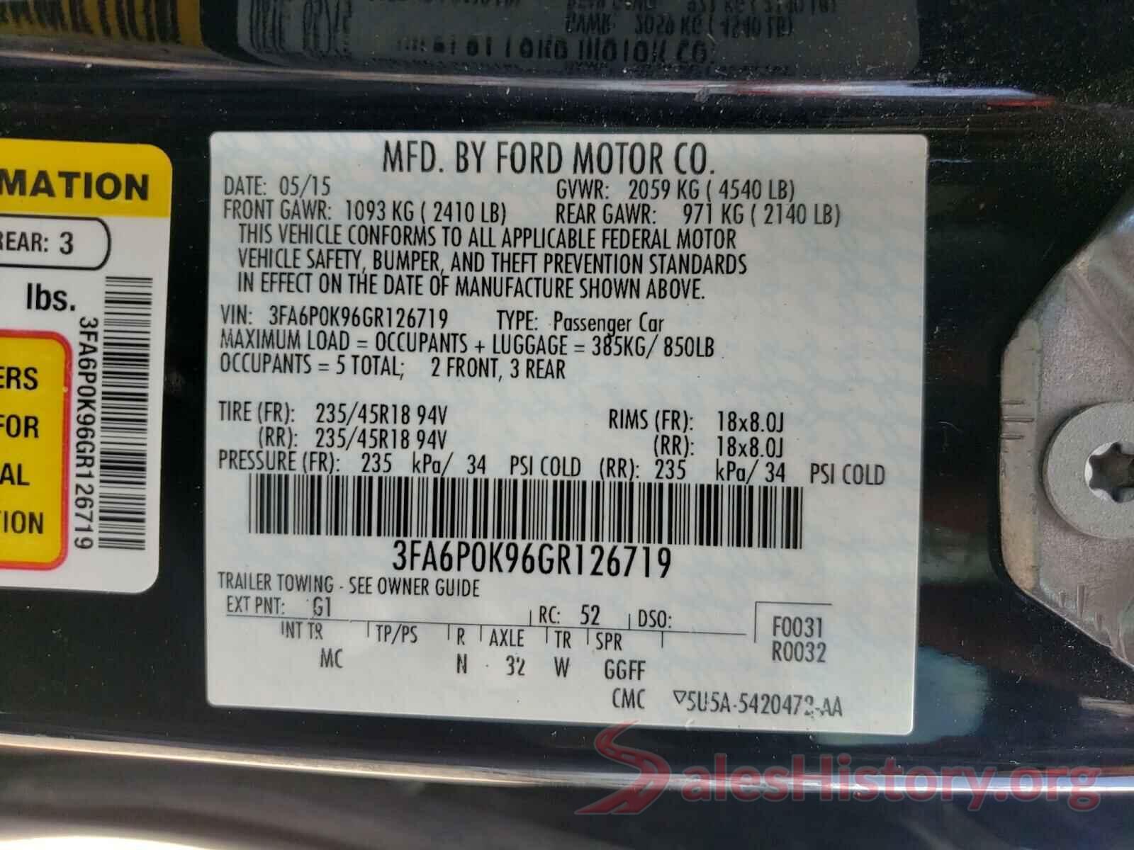 3FA6P0K96GR126719 2016 FORD FUSION