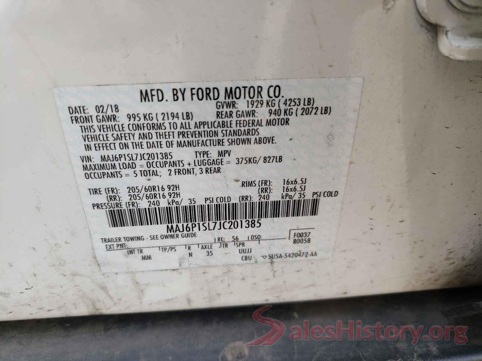 MAJ6P1SL7JC201385 2018 FORD ALL OTHER