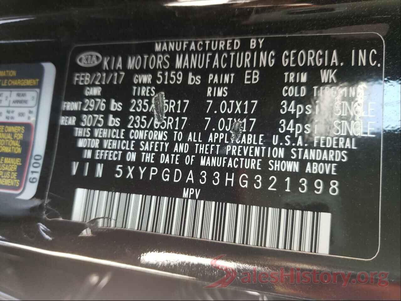 5XYPGDA33HG321398 2017 KIA SORENTO