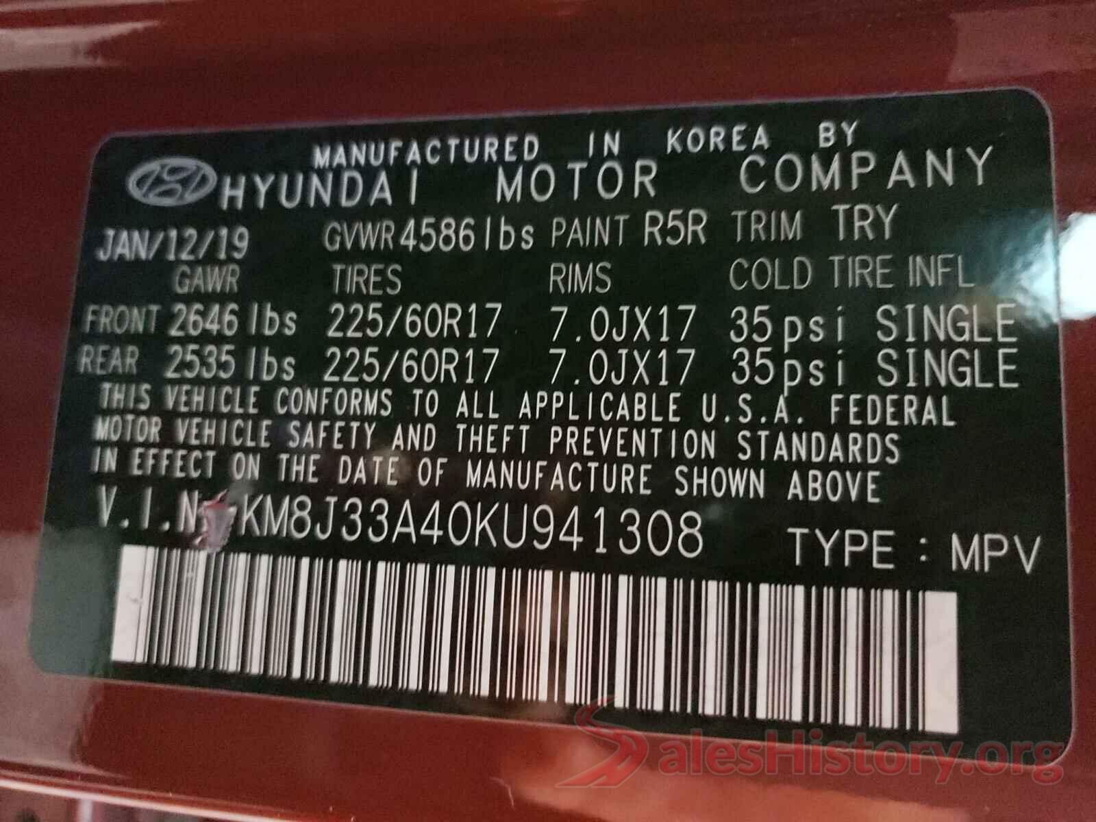 KM8J33A40KU941308 2019 HYUNDAI TUCSON