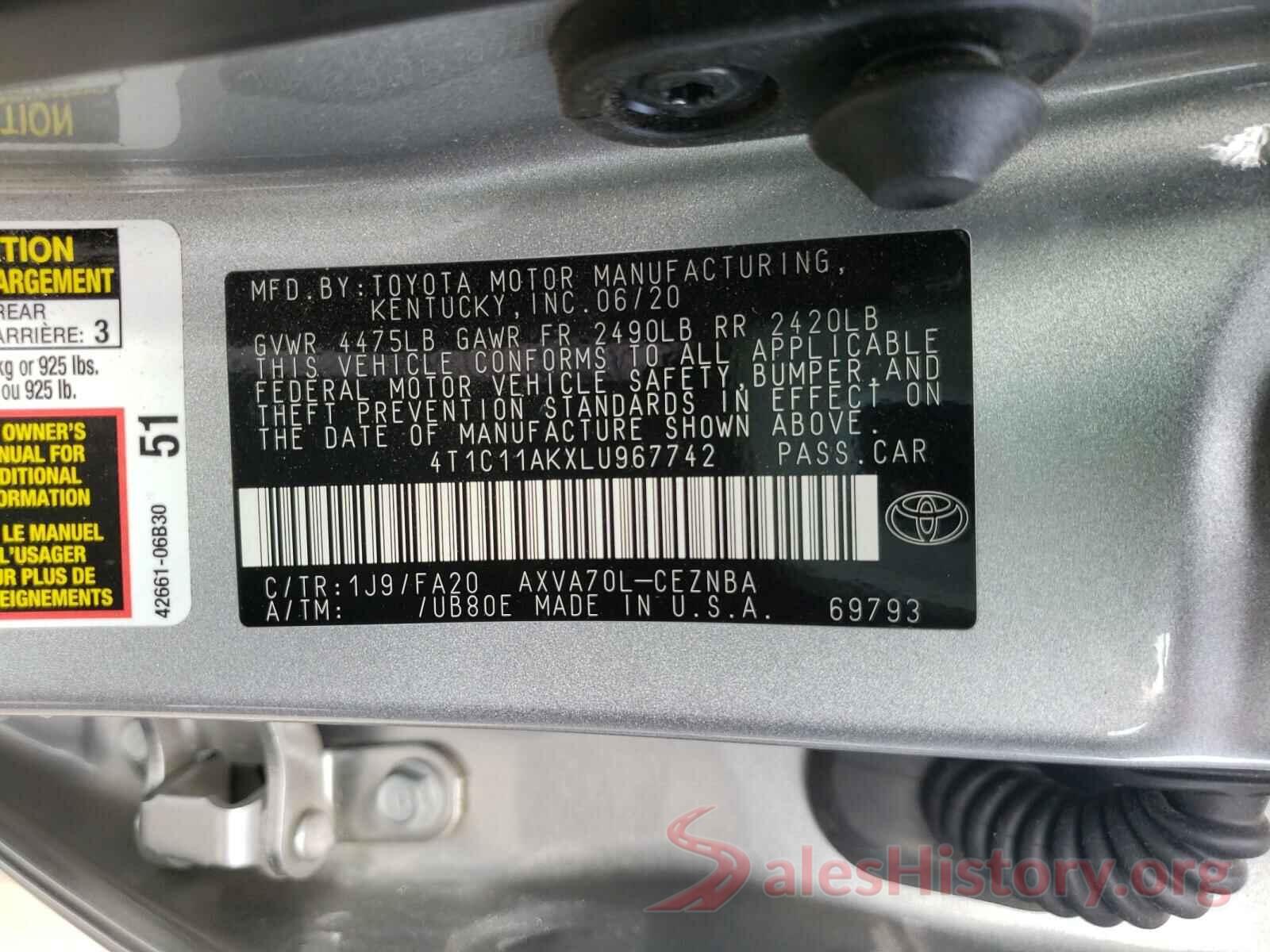 4T1C11AKXLU967742 2020 TOYOTA CAMRY