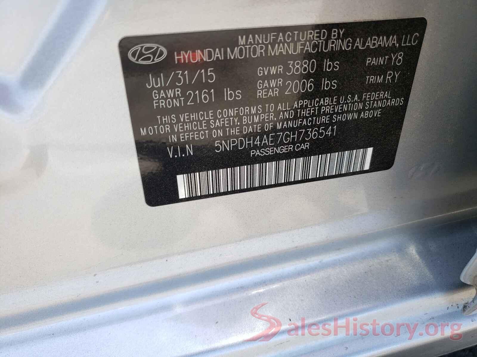 5NPDH4AE7GH736541 2016 HYUNDAI ELANTRA