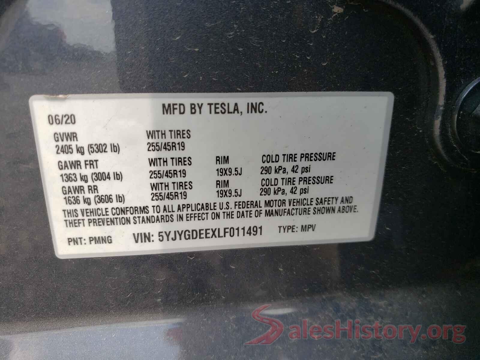 5YJYGDEEXLF011491 2020 TESLA MODEL Y