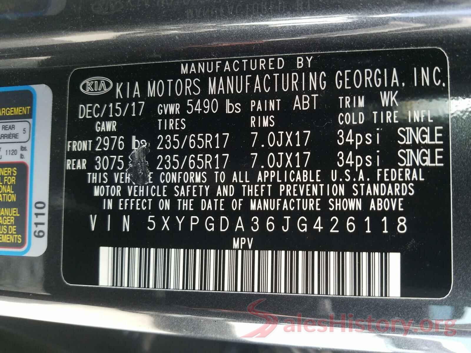 5XYPGDA36JG426118 2018 KIA SORENTO