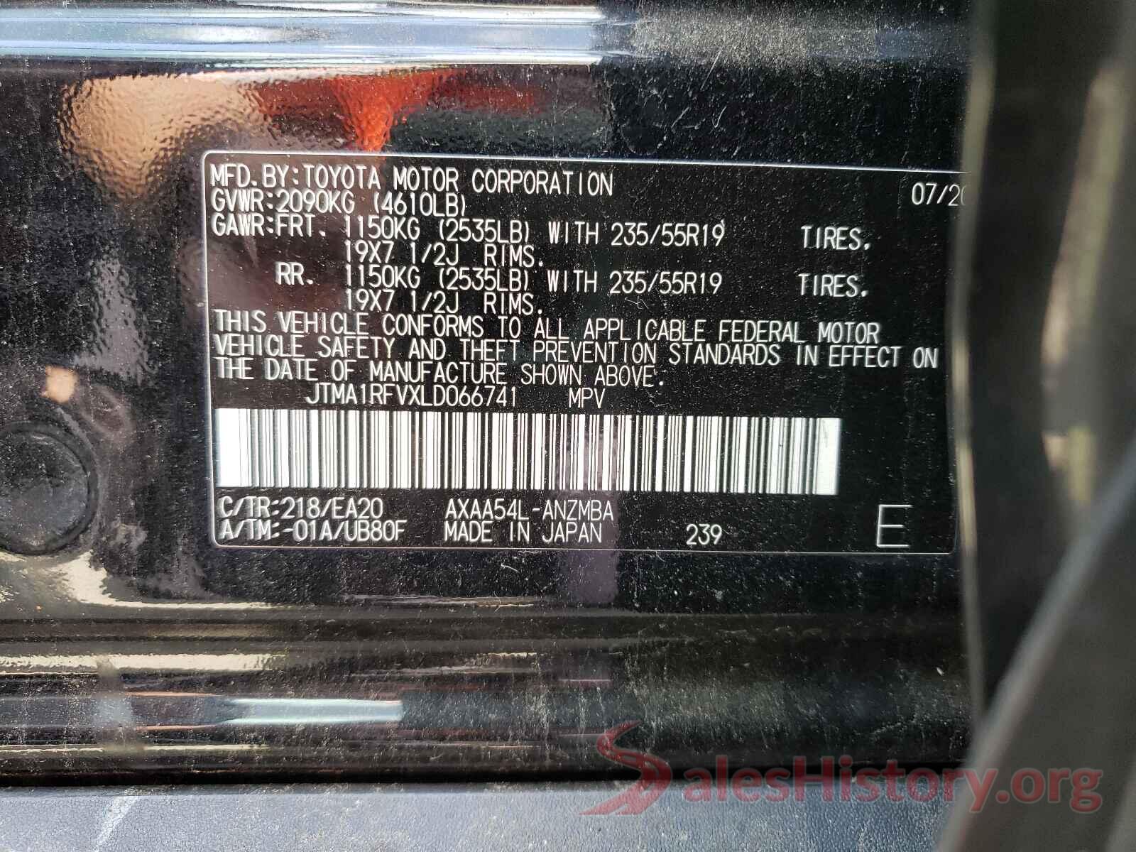 JTMA1RFVXLD066741 2020 TOYOTA RAV4