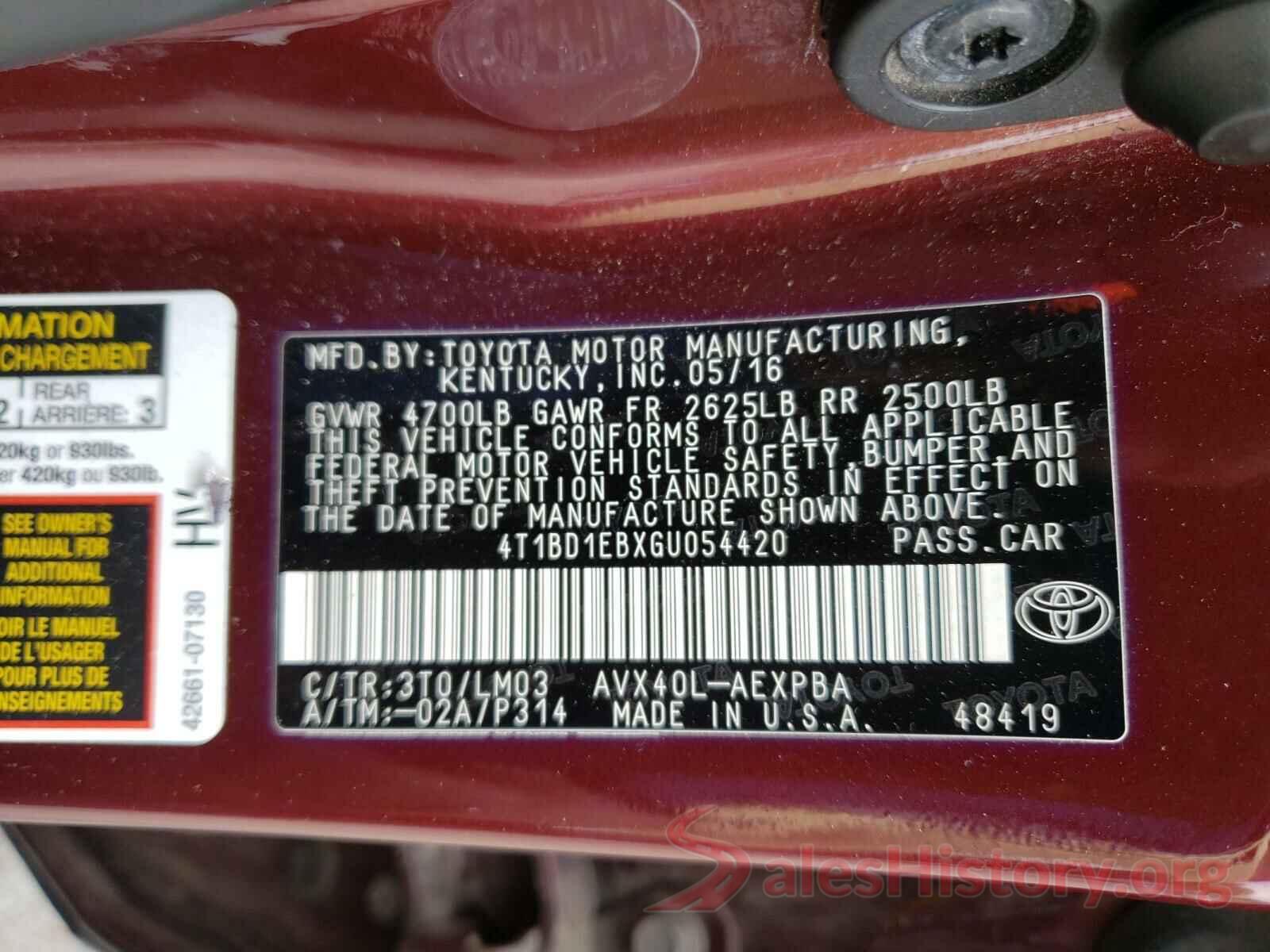 4T1BD1EBXGU054420 2016 TOYOTA AVALON