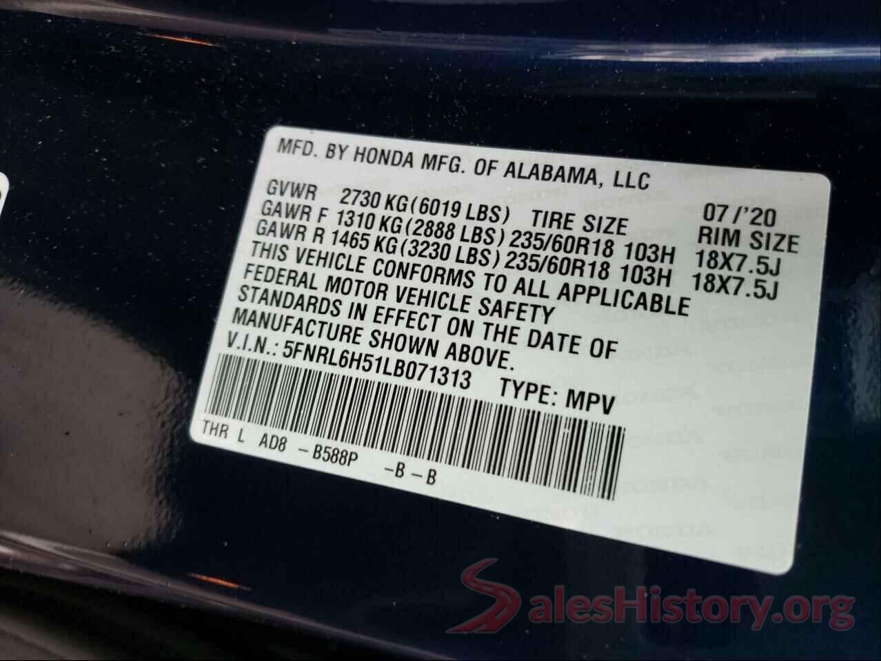 5FNRL6H51LB071313 2020 HONDA ODYSSEY