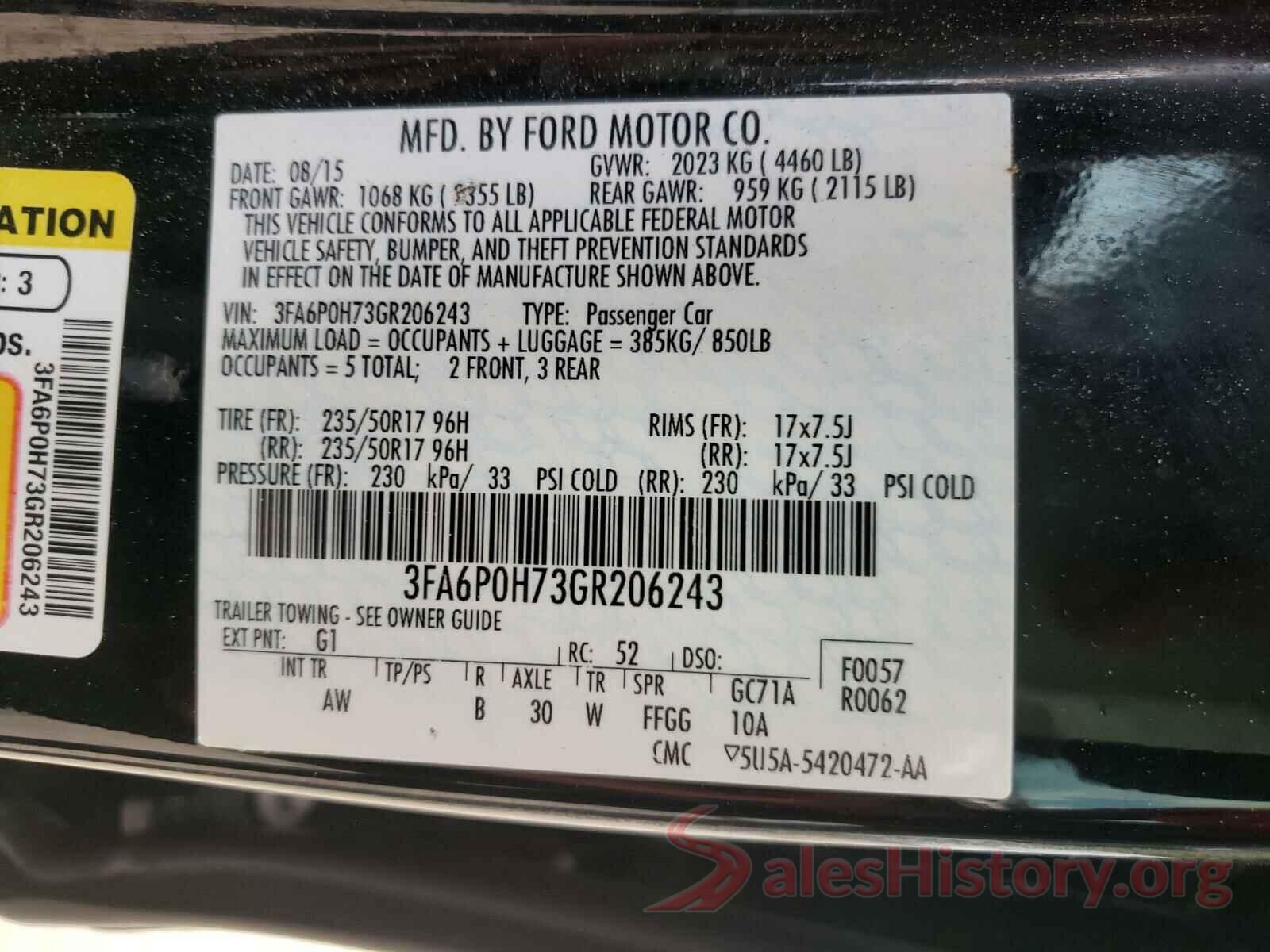 3FA6P0H73GR206243 2016 FORD FUSION