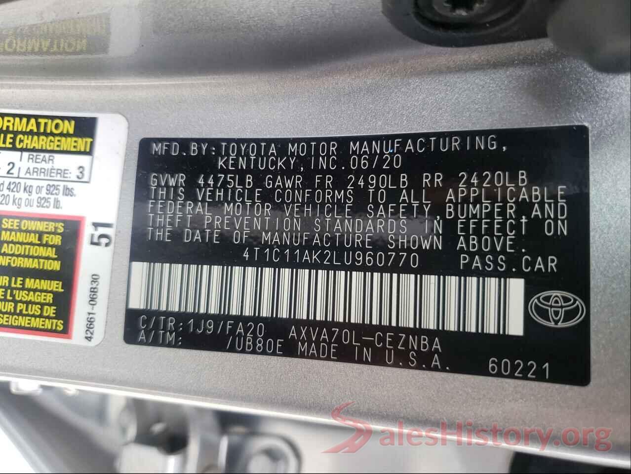 4T1C11AK2LU960770 2020 TOYOTA CAMRY