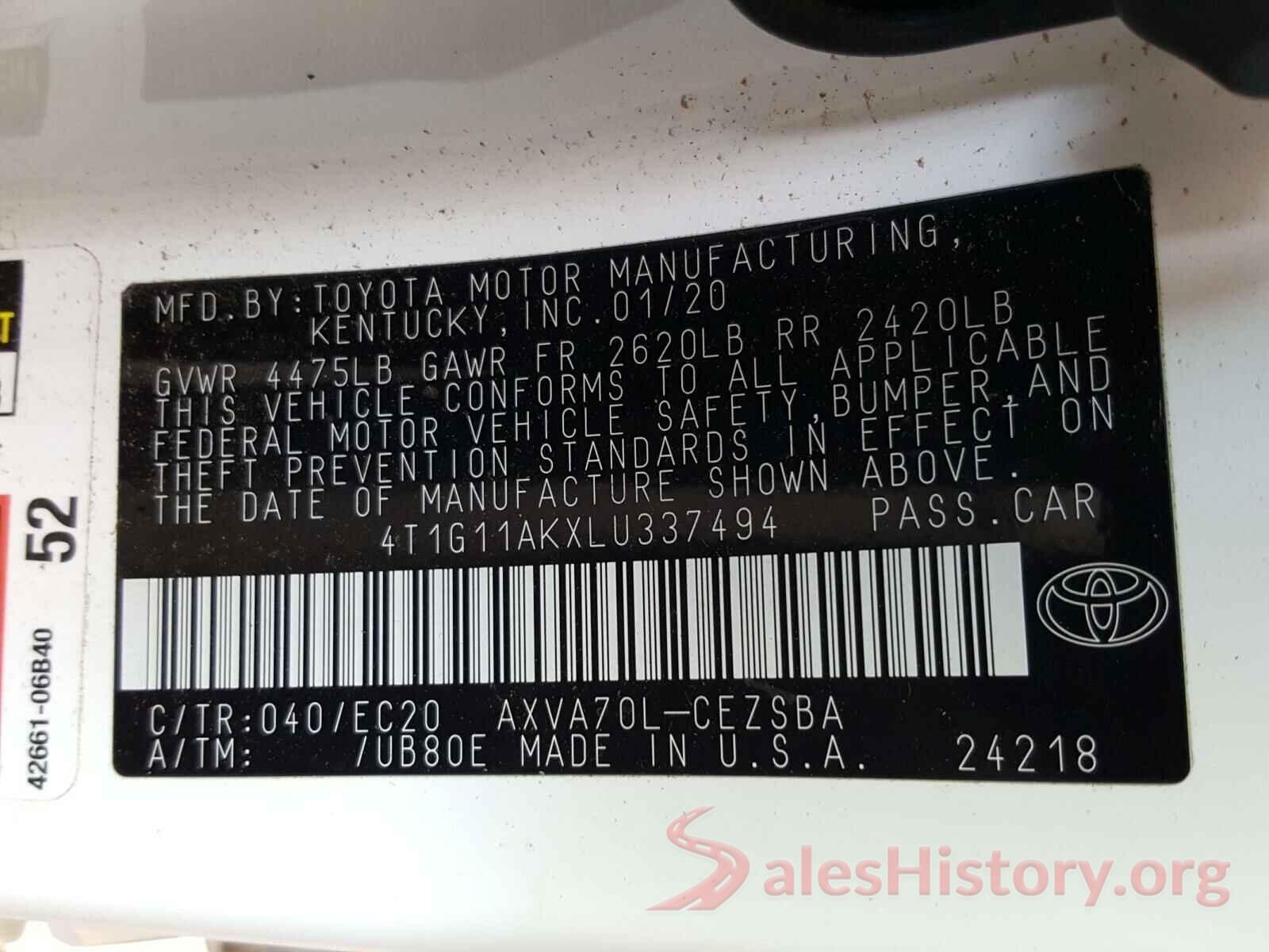 4T1G11AKXLU337494 2020 TOYOTA CAMRY