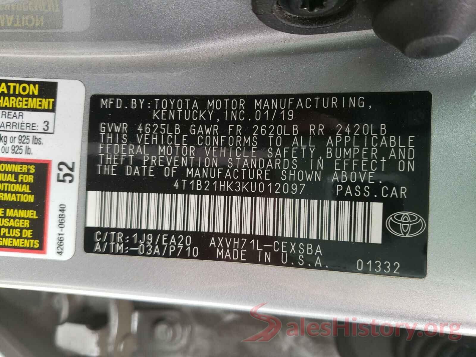 4T1B21HK3KU012097 2019 TOYOTA CAMRY