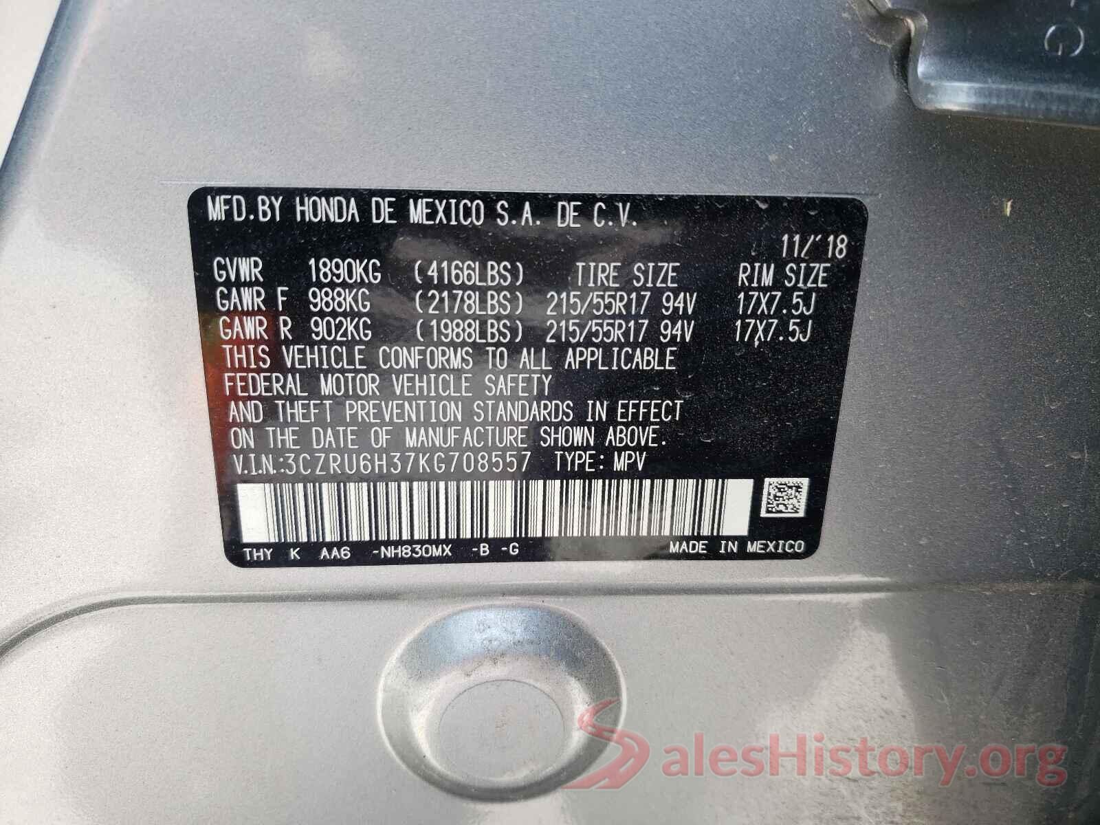 3CZRU6H37KG708557 2019 HONDA HR-V