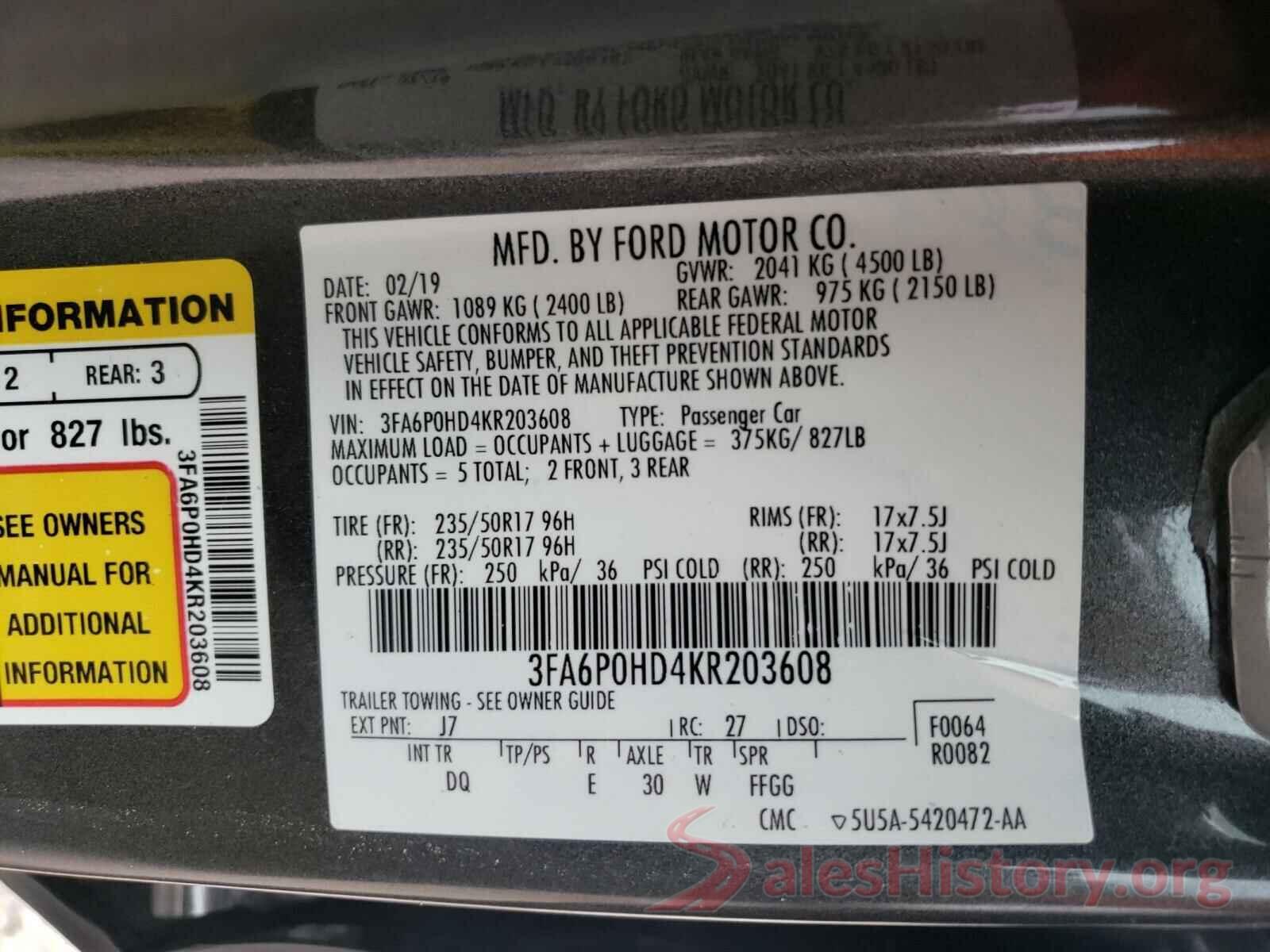 3FA6P0HD4KR203608 2019 FORD FUSION