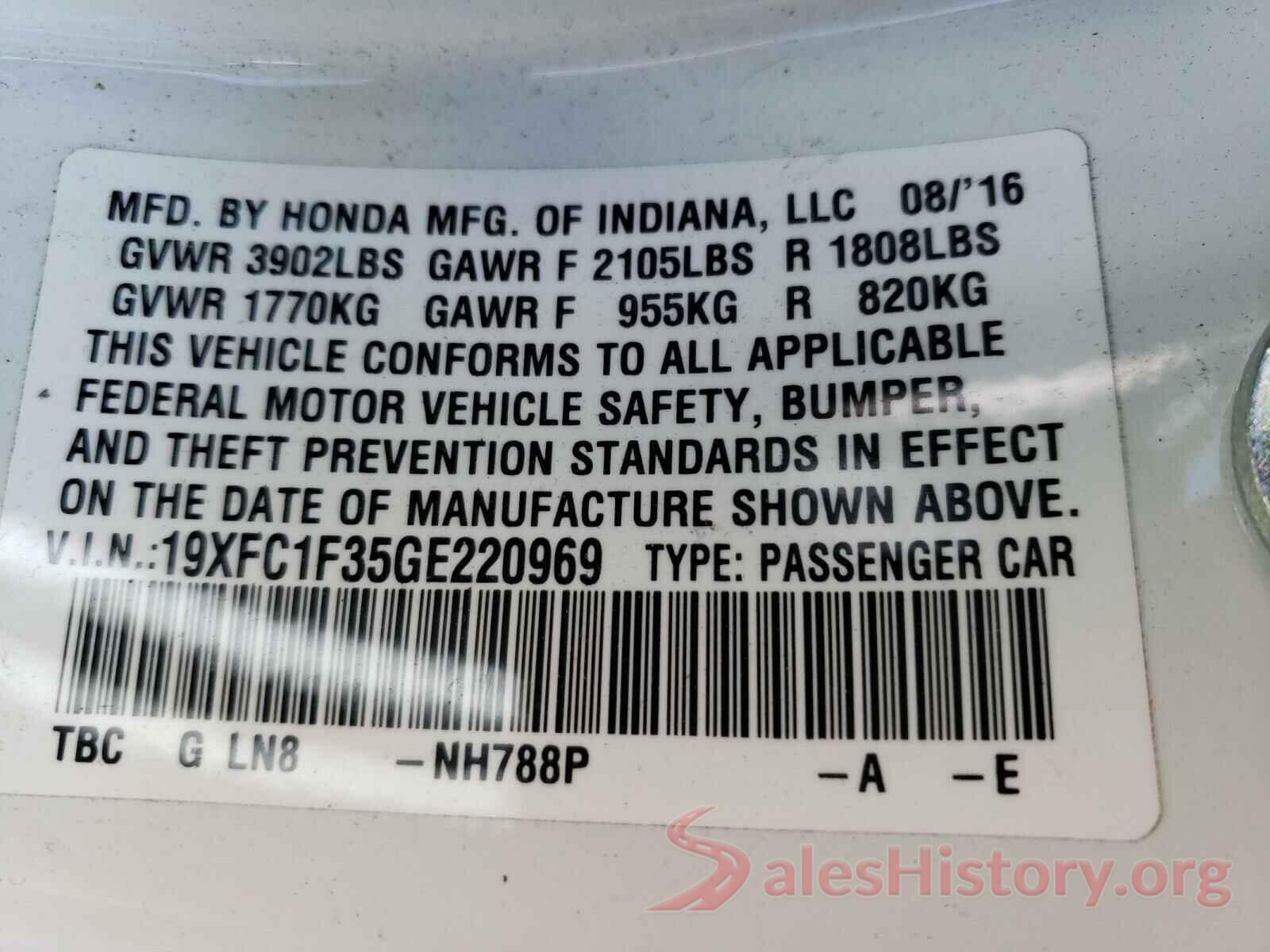 19XFC1F35GE220969 2016 HONDA CIVIC