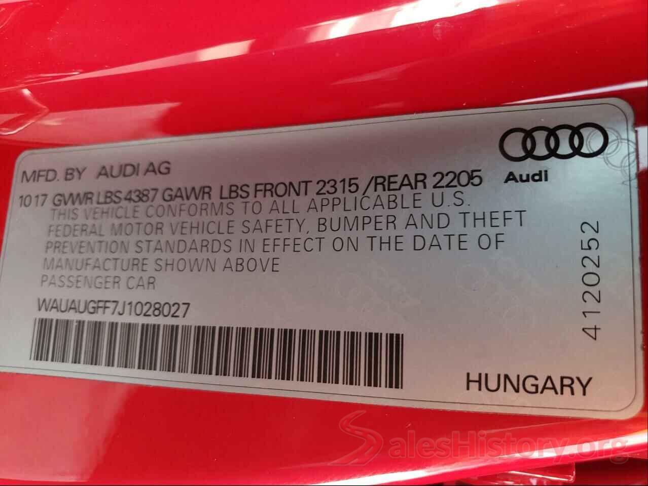 WAUAUGFF7J1028027 2018 AUDI A3