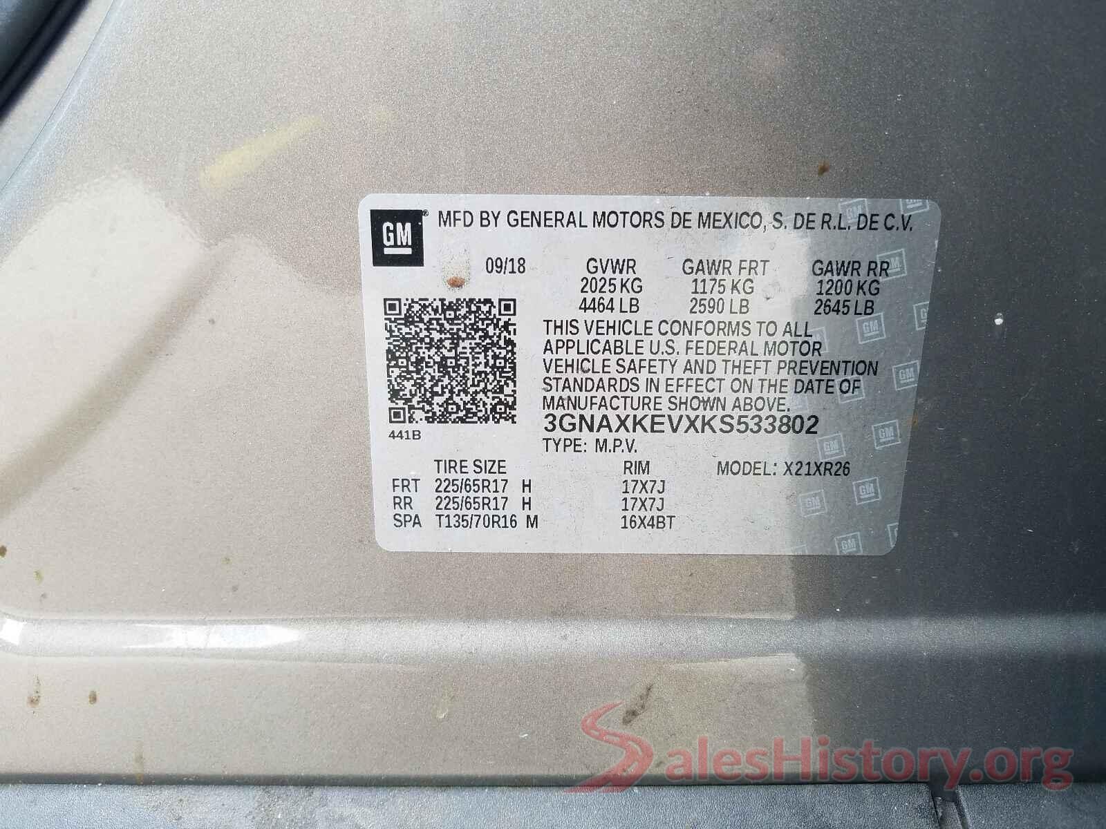 3GNAXKEVXKS533802 2019 CHEVROLET EQUINOX