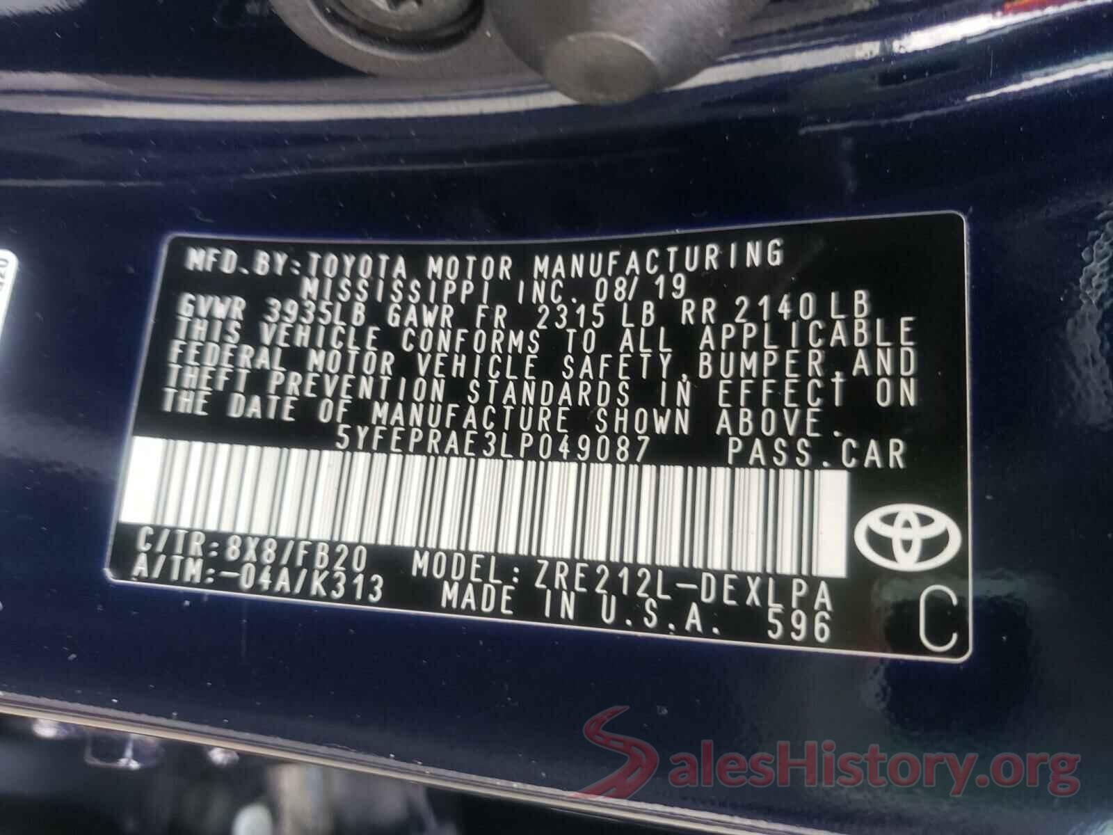 5YFEPRAE3LP049087 2020 TOYOTA COROLLA