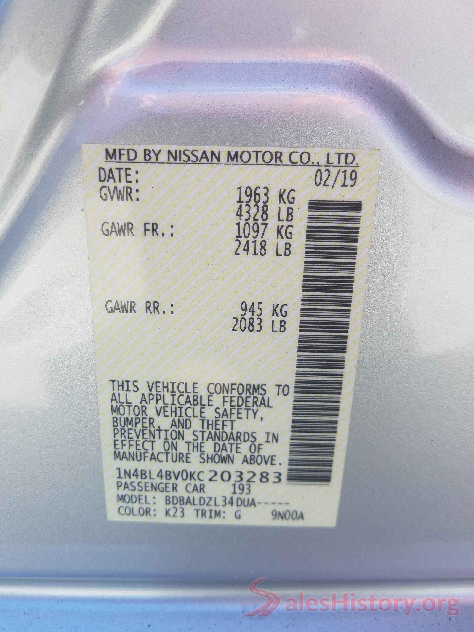 1N4BL4BV0KC203283 2019 NISSAN ALTIMA