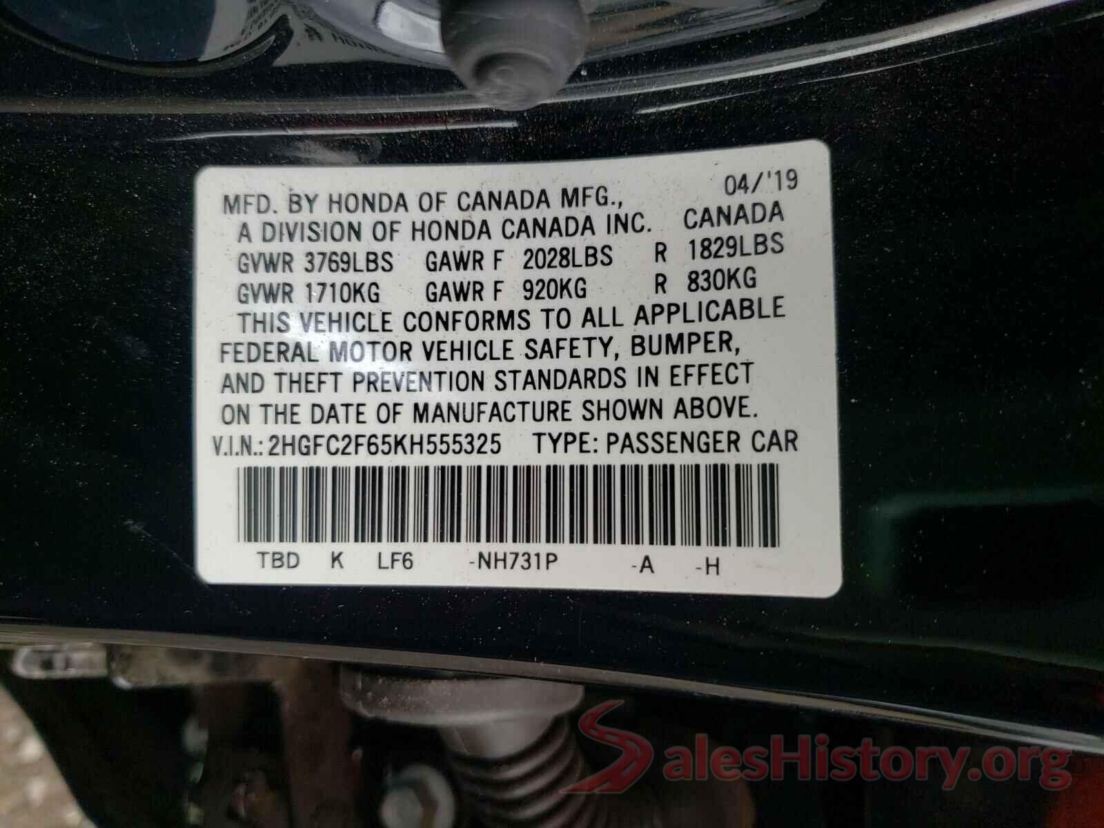 2HGFC2F65KH555325 2019 HONDA CIVIC