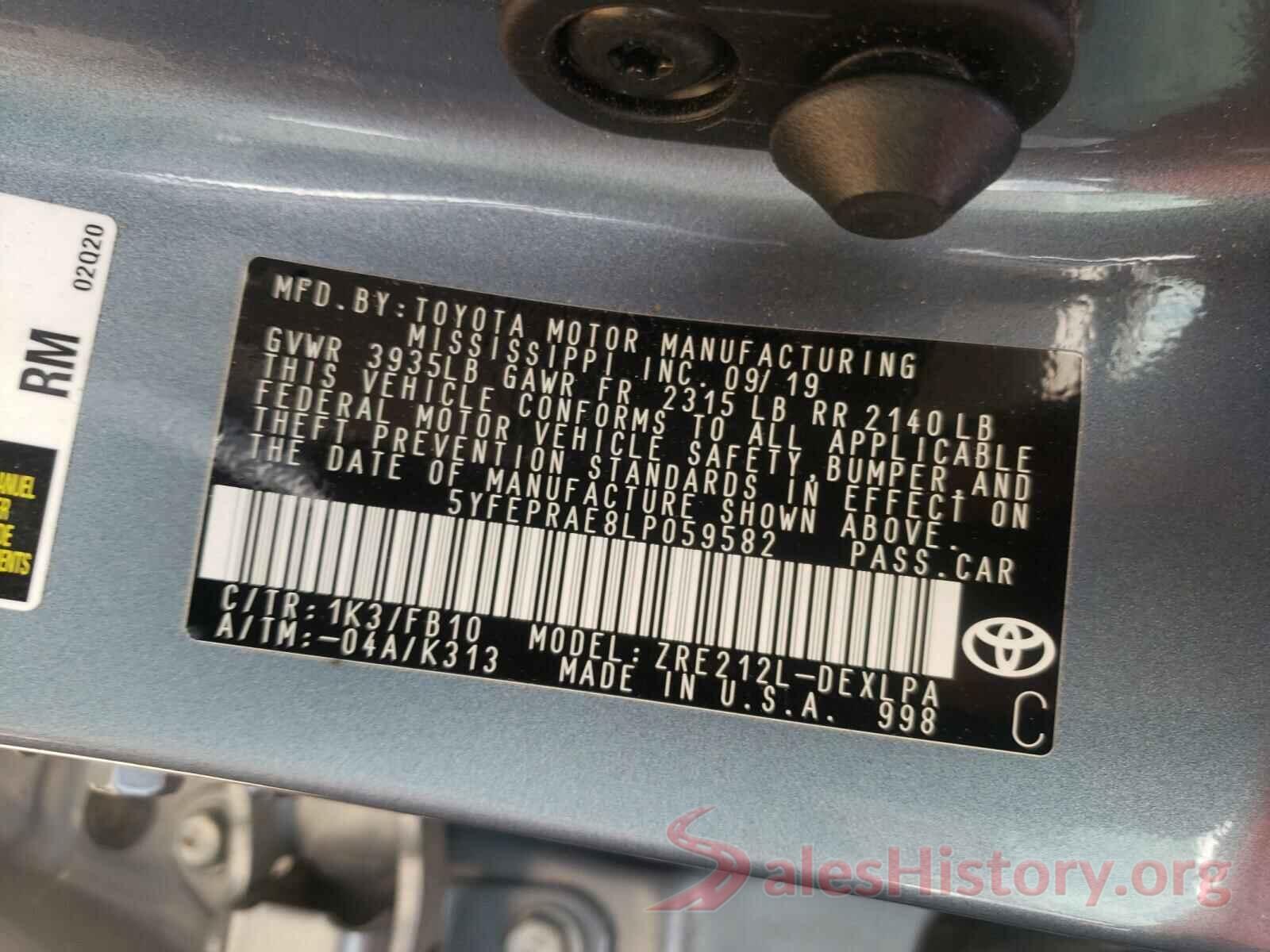 5YFEPRAE8LP059582 2020 TOYOTA COROLLA