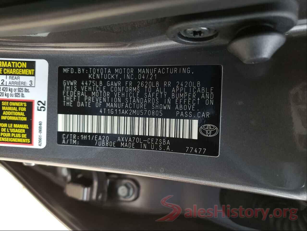 4T1G11AK2MU570805 2021 TOYOTA CAMRY