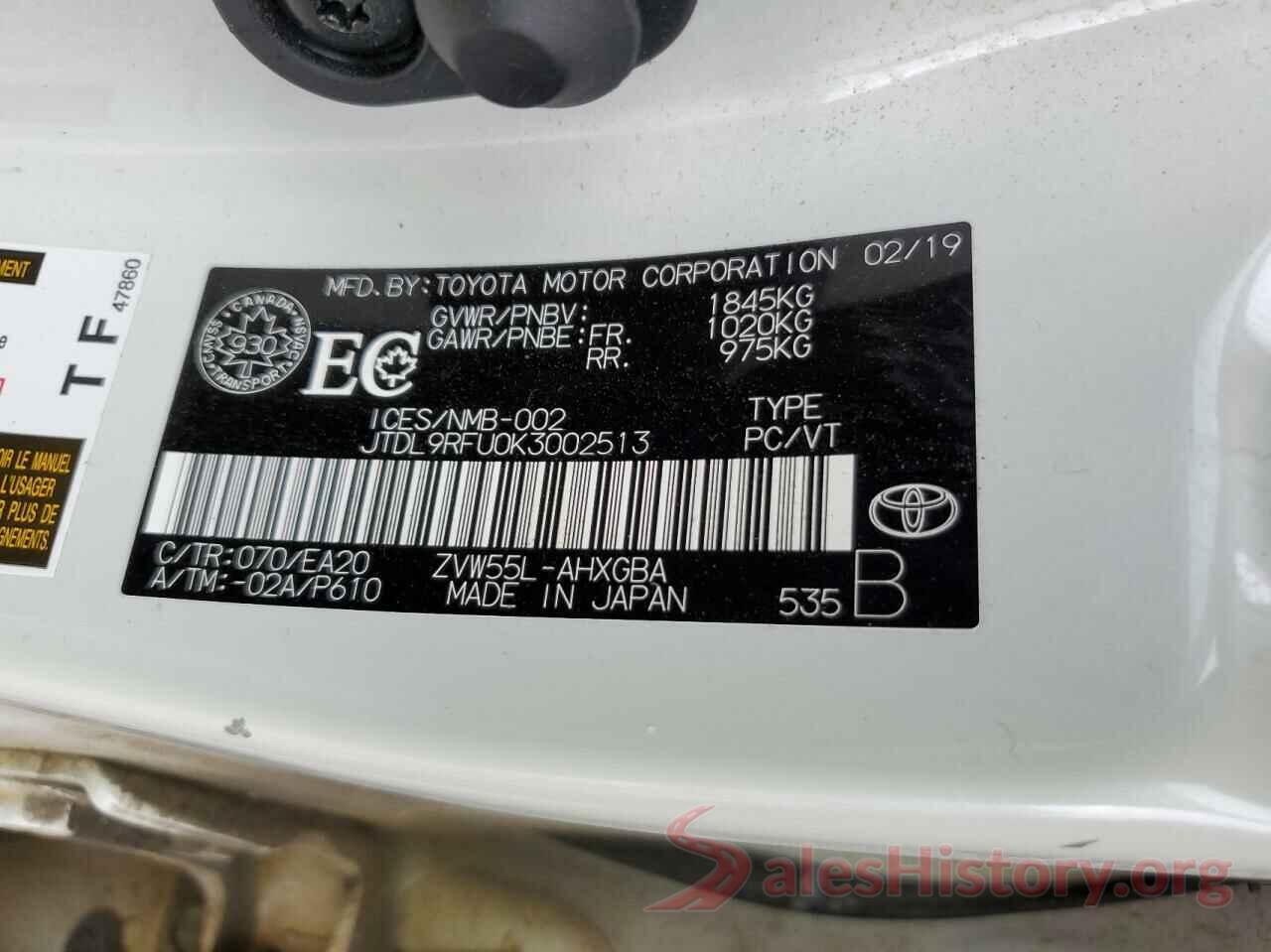 JTDL9RFU0K3002513 2019 TOYOTA PRIUS