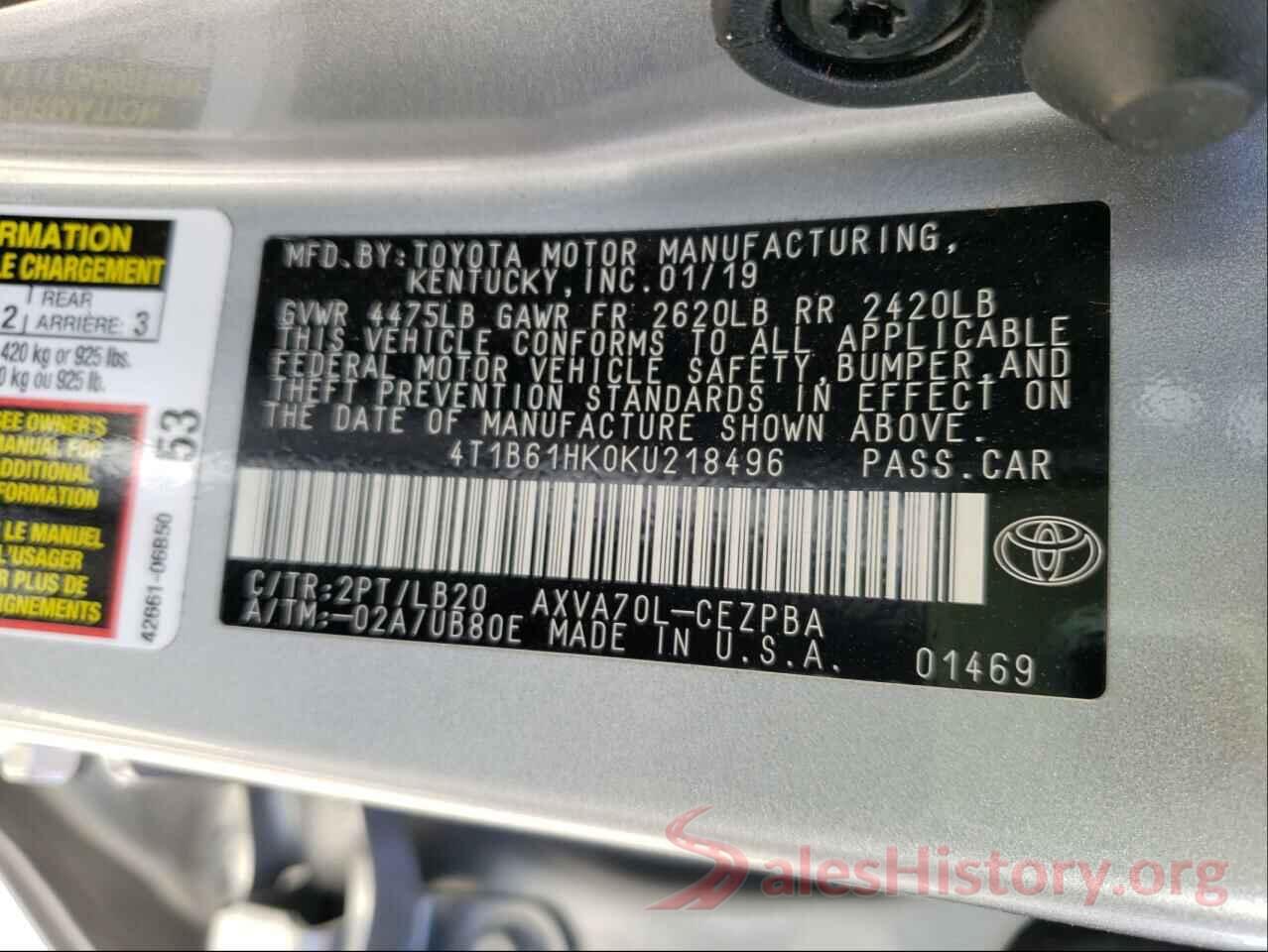 4T1B61HK0KU218496 2019 TOYOTA CAMRY