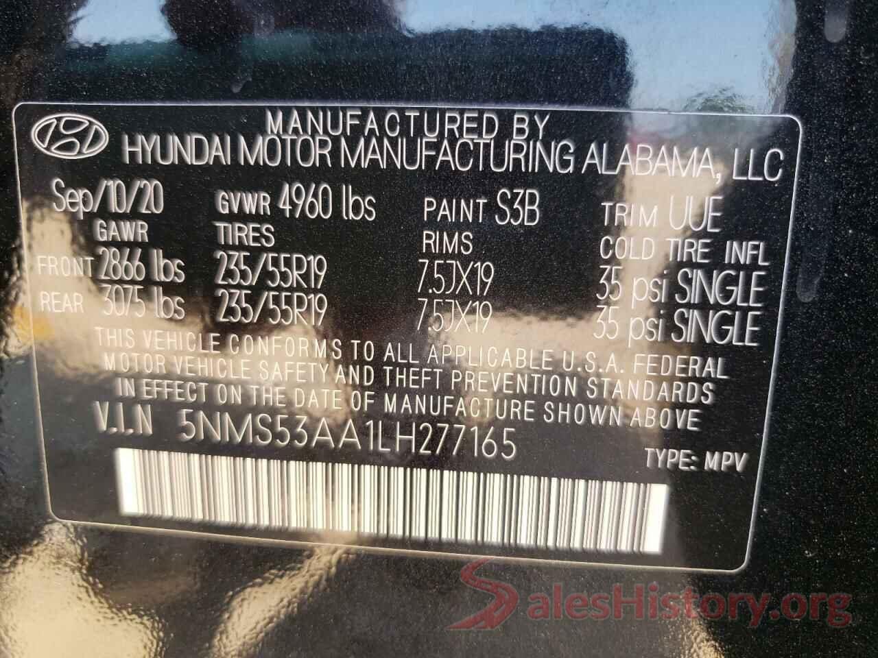 5NMS53AA1LH277165 2020 HYUNDAI SANTA FE