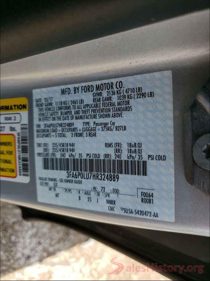 3FA6P0LU7HR324889 2017 FORD FUSION