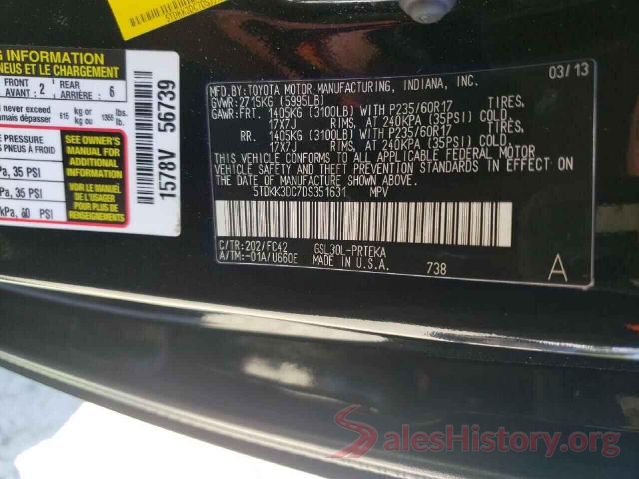 5TDKK3DC7DS351631 2013 TOYOTA SIENNA