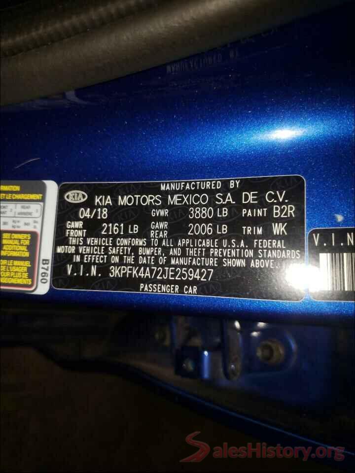 3KPFK4A72JE259427 2018 KIA FORTE