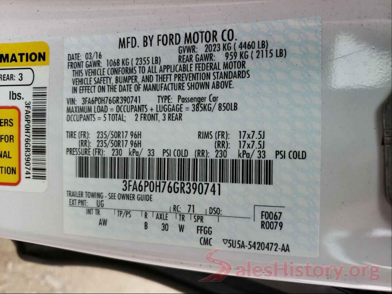 3FA6P0H76GR390741 2016 FORD FUSION