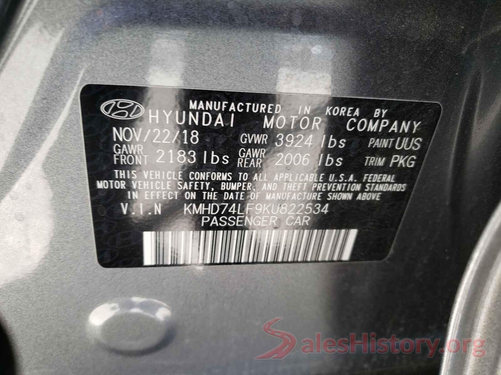 KMHD74LF9KU822534 2019 HYUNDAI ELANTRA