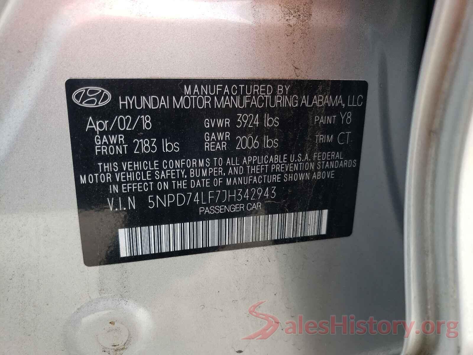 5NPD74LF7JH342943 2018 HYUNDAI ELANTRA