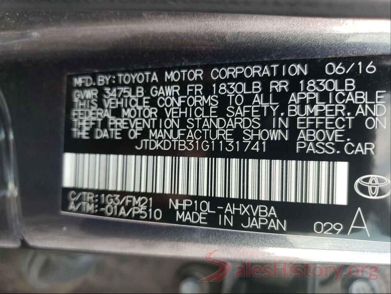 JTDKDTB31G1131741 2016 TOYOTA PRIUS